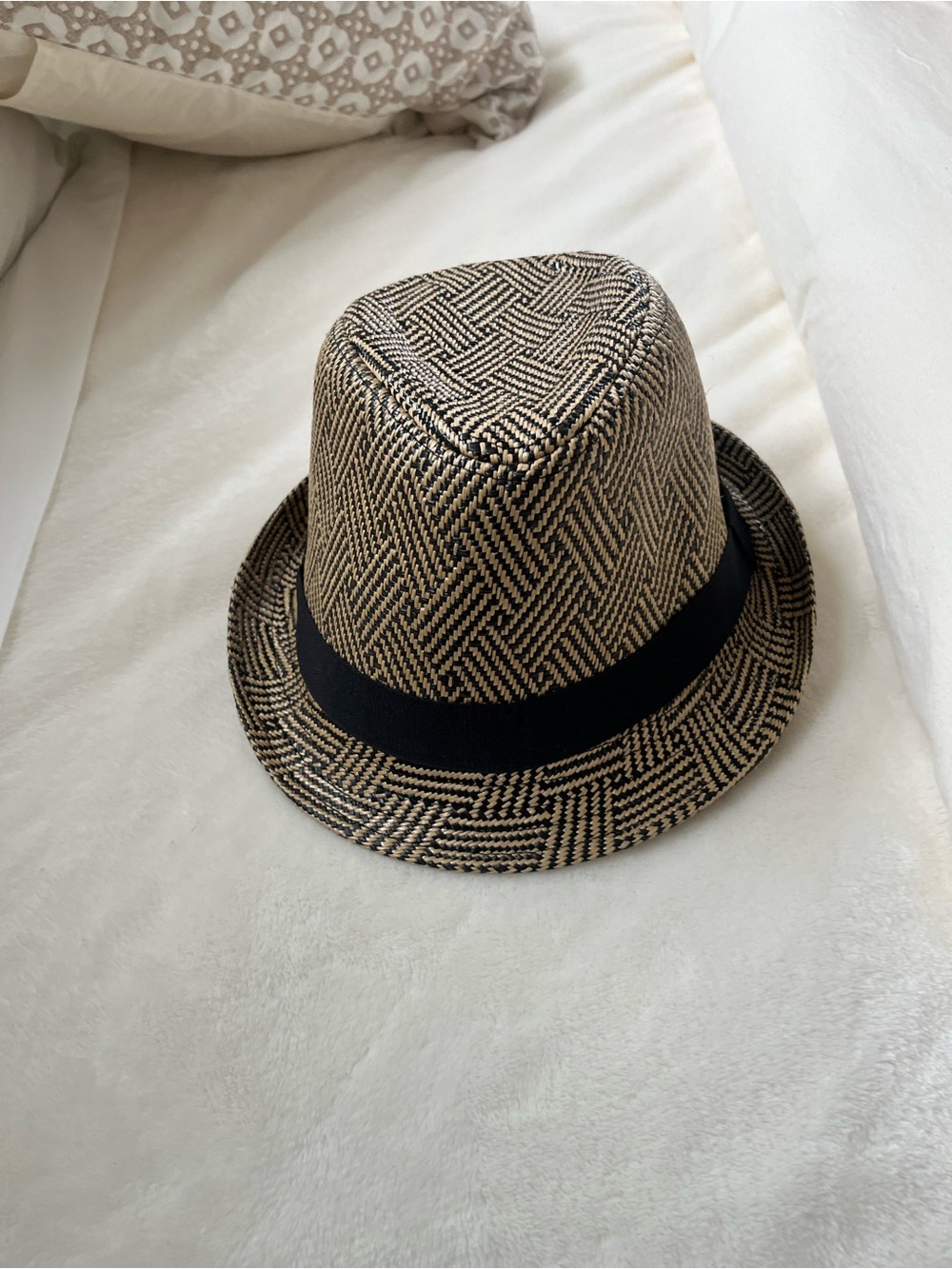BCBGMaxAzria Black and Natural Woven Hat